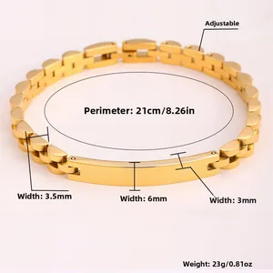 Macro detail of gold stainless steel watch-style bracelet with size and weight specs
