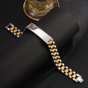 Two-tone silver and gold stainless steel men's watch band bracelet with polished nameplate