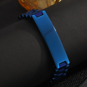 Detailed close-up of a blue electroplated stainless steel 12mm watch band style bracelet