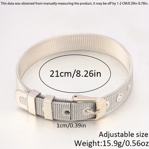 Dettaglio del bracciale a maglia regolabile in acciaio inossidabile con dimensioni