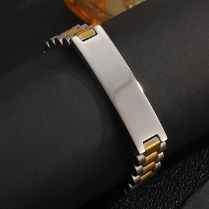 Detail of 12mm dual-tone stainless steel watchband bracelet with smooth ID plate