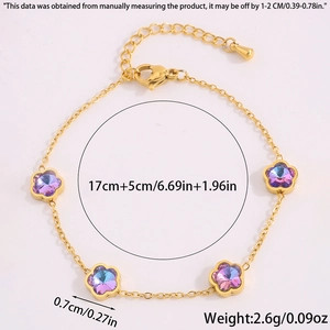 Détails du bracelet fleur doré avec cristaux violets et mesures de taille précises