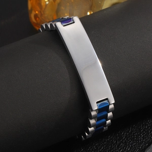 Close-up of a 12mm stainless steel watch-style bracelet with silver and blue metal links