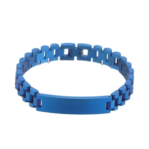 Polished dark blue stainless steel watch link bracelet with adjustable metal ID plate