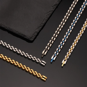Solid stainless steel three-link presidential style bracelet in silver and gold finishes
