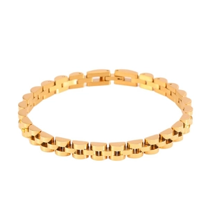 Polished golden stainless steel three-bead watch band bracelet for men in circular layout