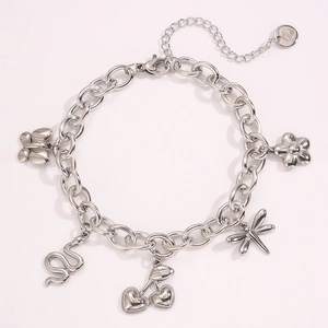 Silbernes Gliederarmband mit Schmetterling Drache Schlange und Herz-Kirsch-Anhängern