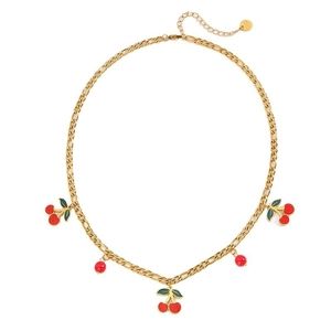 Collana a catena Figaro dorata con dolci ciondoli a ciliegia in smalto e foglie verdi