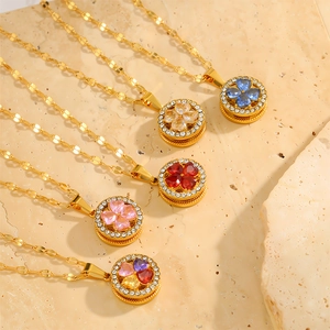 Titanium steel clover necklace with colorful heart-shaped gems and gold plating