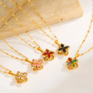 Collana con Fiore Rotante in Acciaio al Titanio per Donna Ciondolo Quadrifoglio Placcato Oro con Strass Catena Sottile Minimalista