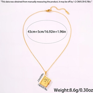 Detail view of gold titanium steel heart book necklace with size measurements