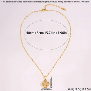 Detail showing clover pendant dimensions with lobster clasp and extension chain