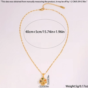 Detail showing clover pendant dimensions 1.5cm by 1.5cm and 45cm adjustable chain length