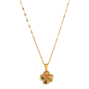Rotating four-leaf clover stainless steel necklace with multi-colored zirconia stones