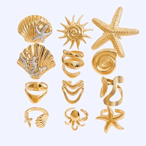 Bague en Acier Inoxydable Thème Océan Étoile de Mer Coquille Pieuvre Soleil Ajustable Strass Perle Artificielle Femme Bijoux Plage
