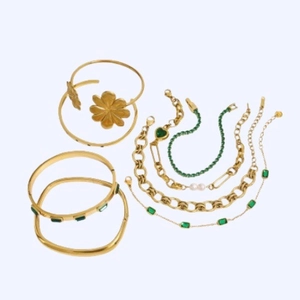 Bracelet Coeur Vert en Acier Inoxydable Zirconia Pour Femme Plaqué Or Perle Artificielle Fleur Bague Boucles d'Oreilles Collier