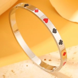 Polished silver stainless steel bangle with poker spade heart club diamond patterns