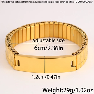Technical size diagram of gold stainless steel elastic bracelet with polished id plate