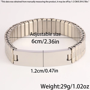 Detailed size specifications of silver stainless steel elastic strap bracelet with curved plate