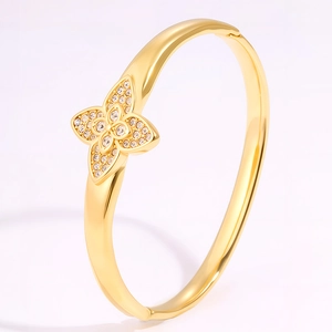 Stainless Steel Lucky Clover Bangle Rhinestone Inlaid Gold Silver Plated Elegant Fashion Jewelry Bangle Bracelet For Women