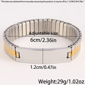 Close-up of flexible two-tone stainless steel bracelet with engraving plate and dimensions