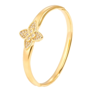 Polished gold titanium steel clover bangle with sparkling pavé crystals for women