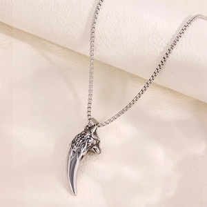 Vintage Hip Hop Edelstahl Wolfskopf Wolfszahn Anhänger Halskette Für Herren Hochwertige Silberfarbene Metallschmuck Box-Kette Geschenk