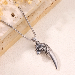 Retro Edelstahl Wolfskopf und Zahn Anhänger Halskette mit Box Kette für Männer