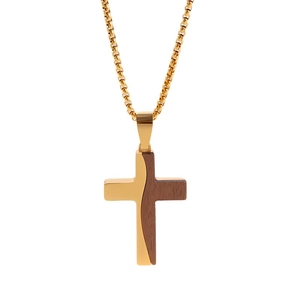 Titanium steel cross necklace for men featuring polished gold and natural wood inlay