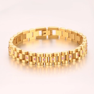 Pulsera de acero inoxidable dorado estilo reloj con cristales rosas para hombres y mujeres
