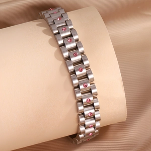Pulsera de acero inoxidable estilo correa de reloj para hombre y mujer con circonita rosa