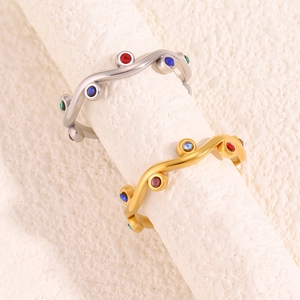 Irregular Wave Stainless Steel Open Ring For Women Colorful Clear Zirconia Inlaid Adjustable Light Luxury Fashion Jewelry Finger Ring