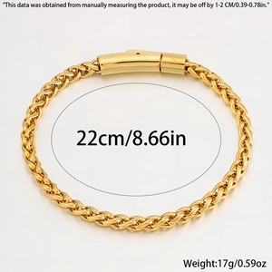 Detailed view of gold stainless steel wheat chain bracelet with 22cm length specification
