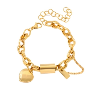 18K gold plated stainless steel chunky link bracelet with heart charm and blank tag