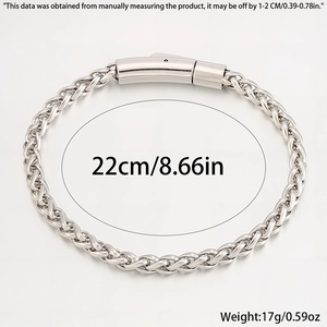 Detail of silver titanium wheat chain bracelet showing 22cm length and 17g weight specs