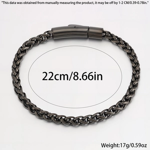 Detail of gunmetal braided keel chain bracelet showing 22cm length and 17g weight specs