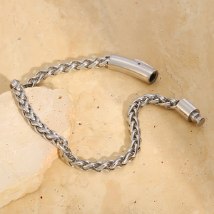 Detailed macro view of the silver titanium steel chain link and push-to-open cylinder clasp