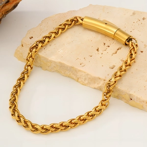 Golden titanium steel wheat chain bracelet with a polished cylindrical clasp for men and women