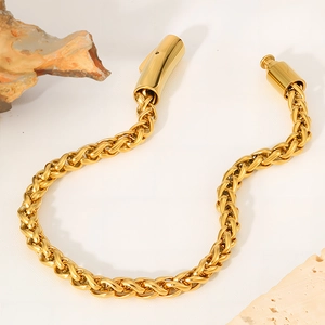 Golden titanium steel wheat chain bracelet with polished press clasp for men and women