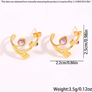 Détails des boucles d'oreilles dorées avec pierre violette et mesures de taille
