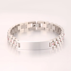 Pulsera de acero inoxidable pulido tipo correa de reloj con barra grabable y cristales