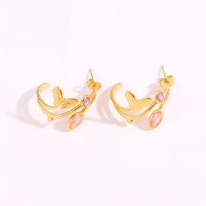 Boucles d'oreilles papillon dorées en forme de C avec pierres roses et mauves