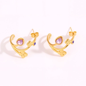 Boucles d'oreilles fleurs dorées avec pierres violettes et cristaux bleus brillants
