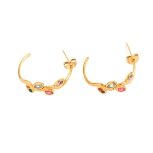 Boucles d'oreilles dorées en forme de C avec feuilles de vigne et zircons colorés marquise