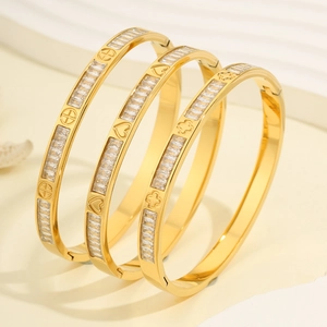 Brazalete de Lujo para Mujer Chapado en Oro Acero Inoxidable Corazón Trébol Cruz Zirconia Joyería de Moda Fiesta