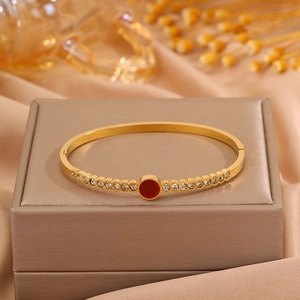 Detail of gold titanium steel bangle with red round stone and zircon pave setting