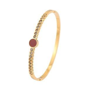 Polished gold titanium steel bangle featuring a red center stone and clear zircon accents