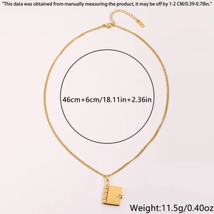 Detail view of gold book locket necklace showing 46cm adjustable chain and weight specs