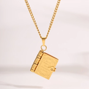 Detail of book pendant with quote For all those who found themselves in books