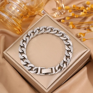 Pulsera cubana de acero inoxidable plateado estilo hip-hop con diamantes brillantes